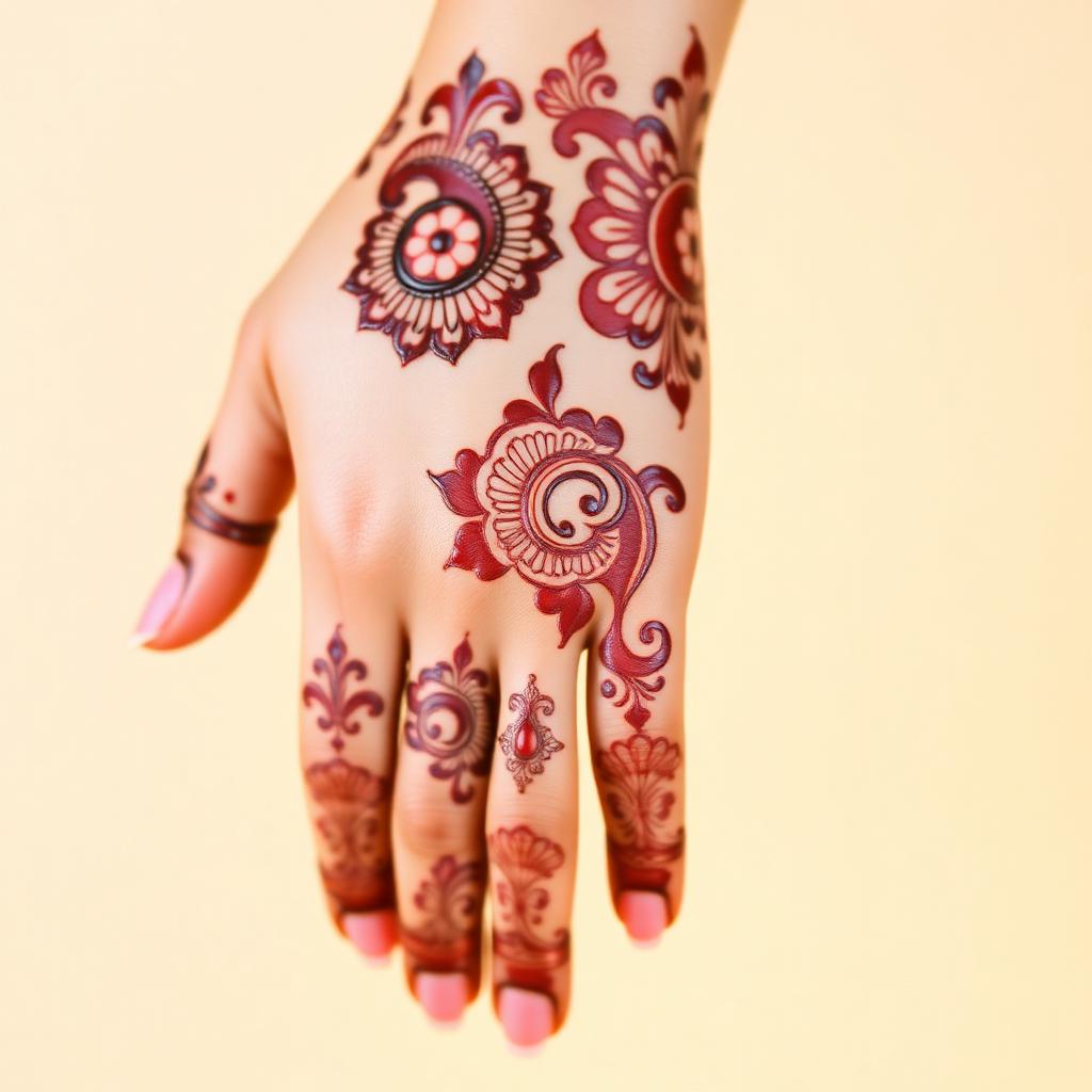 Festive bridal henna flourish design on hand by Hitankshi Dalai