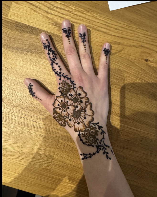 Minimal mehndi artwork with delicate petals on hand by Hitankshi Dalai