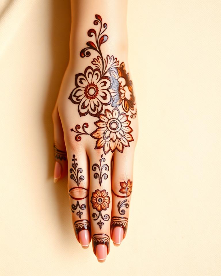 Quiet floral henna bloom design on hand by Hitankshi Dalai